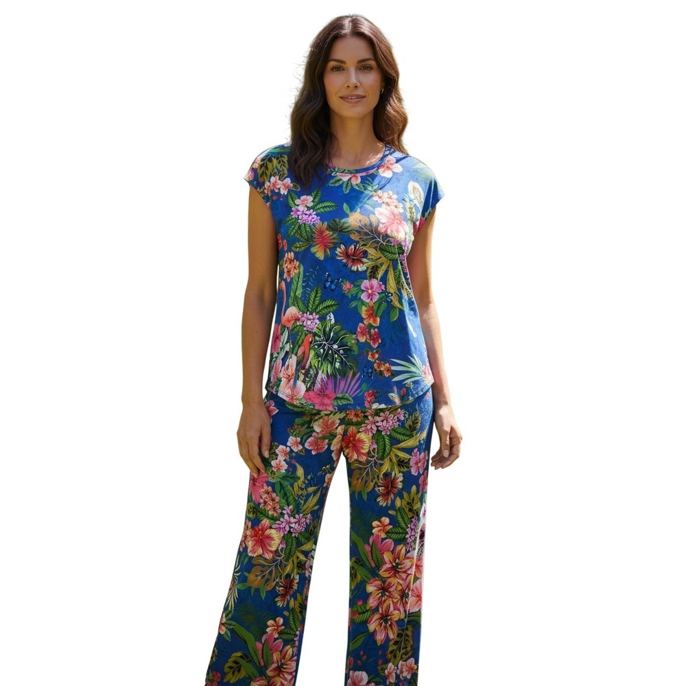 Johnny Was Tropical Floral Pima Cotton Pajama Set Blue Flamingo Large